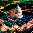 An aerial view of the U.S. Capitol building overlaid with a digital grid and a location marker symbolizing geolocation technology. An aerial view of the U.S. Capitol building overlaid with a digital grid and a location marker symbolizing geolocation technology.