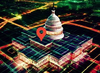 An aerial view of the U.S. Capitol building overlaid with a digital grid and a location marker symbolizing geolocation technology.