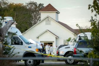 Emergency responders and officials at the scene of the Sutherland Springs First Baptist Church in Texas, following the mass shooting in 2017.