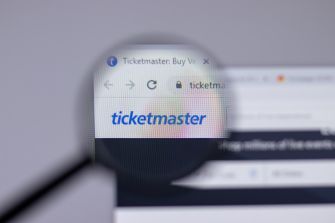 A close-up view of the Ticketmaster website with the logo visible in the browser's address bar.
