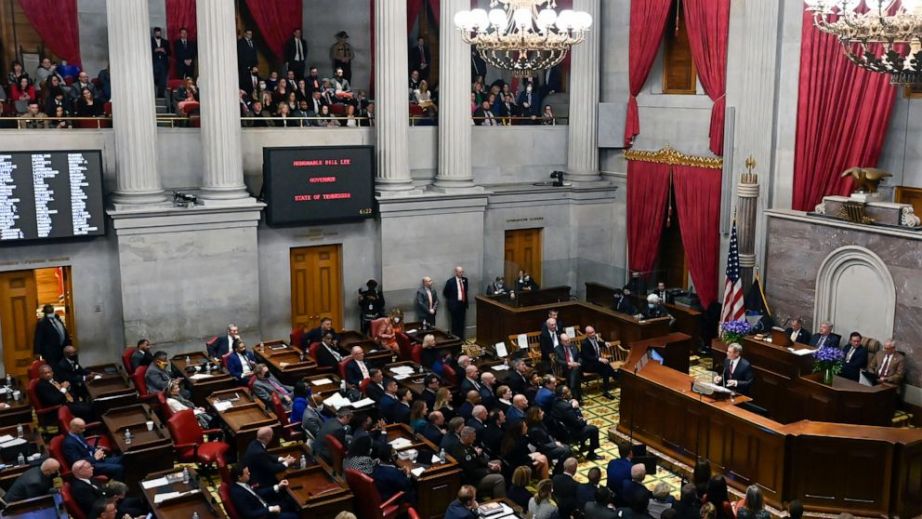 FILE - Tennessee Gov. Bill Lee delivers his State of the State address in the House Chamber, Jan. 31, 2022, in Nashville, Tenn. Tennessee's decision to exclude medical coverage for gender-affirming care for its public employees is unconstitutional and discriminatory, according to a federal lawsuit Tuesday, May 23, 2023, brought by two people who were denied such services while working for the state. (AP Photo/Mark Zaleski, File)