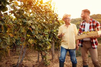 Two men standing in a vineyard, one holding a box of grapes and the other holding a glass, smiling at each other.
