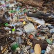 A large collection of trash, including plastic bottles and debris, littering a waterway. A large collection of trash, including plastic bottles and debris, littering a waterway.