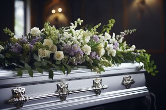 A silver casket adorned with flowers in a somber setting.