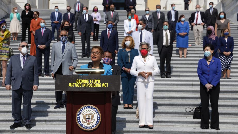 Rep. Karen Bass, D-Calif., lead author of the George Floyd Justice in Policing Act, speaks during an event on police reform last year at the U.S. Capitol. Alex Wong/Getty Images