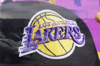 Logo of the Los Angeles Lakers basketball team featuring a basketball and team name in purple and yellow.