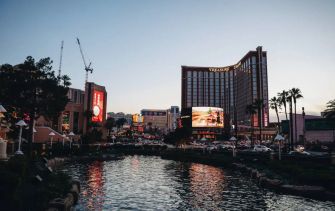 View of Treasure Island Hotel in Las Vegas at dusk.