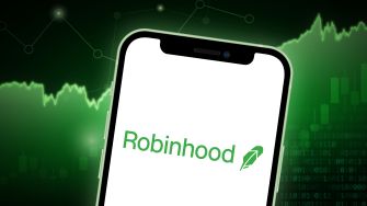 Logo of Robinhood trading app displayed on a smartphone with a green financial graph background.