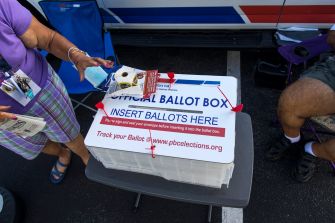 A person placing ballots into an official ballot box labeled "INSERT BALLOTS HERE" in a parking lot setting.