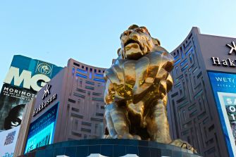 Golden lion statue in front of MGM Resorts on the Las Vegas Strip.