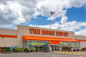 Exterior view of a Home Depot store with the American flag flying above.