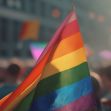 A crowd holding a rainbow flag during a celebration or protest in support of LGBTQ rights. A crowd holding a rainbow flag during a celebration or protest in support of LGBTQ rights.