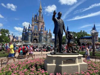Statue of Walt Disney and Mickey Mouse in front of Cinderella Castle at a Disney theme park, with visitors in the background.