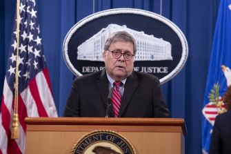 William Barr speaks at a press conference announcing charges against Libyan Abu Agela Mas’ud Kheir Al-Marimi for his role in the Pan Am bombing.