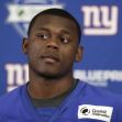 Image of a New York Giants player during a press conference. Image of a New York Giants player during a press conference.