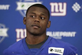 Image of a New York Giants player during a press conference.