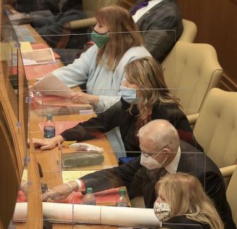 Members of the Arkansas Senate seated at their desks during a session discussing the Medical Ethics and Diversity Act.