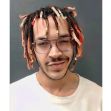 A young man with colorful dreadlocks and glasses poses for a mugshot against a dark background. A young man with colorful dreadlocks and glasses poses for a mugshot against a dark background.