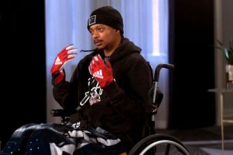 Jacob Blake speaking during an interview while seated in a wheelchair.