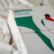 A pack of menthol cigarettes labeled "Menthol Extra Slim" surrounded by white cigarette filters. A pack of menthol cigarettes labeled "Menthol Extra Slim" surrounded by white cigarette filters.