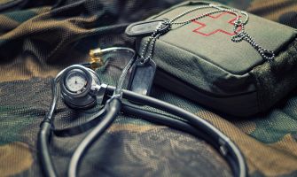 A stethoscope, military dog tags, and a first aid kit on a camouflage background.