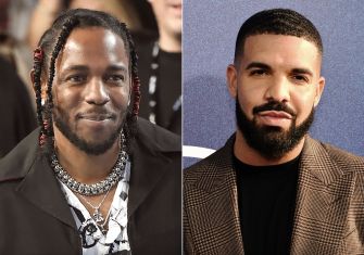 A split image of Kendrick Lamar and Drake, two prominent hip-hop artists involved in a high-profile legal dispute over artistic expression in music.