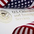 U.S. Citizenship and Immigration Services emblem with American flag ribbon. U.S. Citizenship and Immigration Services emblem with American flag ribbon.