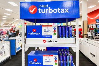 Display of TurboTax products in a retail store.