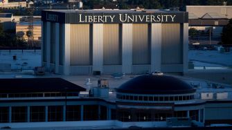 Liberty University campus building with the name prominently displayed.
