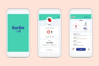 Screenshots of the Kurbo app by WW, showcasing user interface elements and features related to health tracking and weight management.