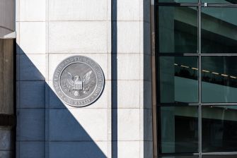 The emblem of the U.S. Securities and Exchange Commission (SEC) on a building exterior.