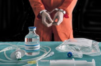 A handcuffed person in an orange jumpsuit is shown behind a bottle labeled "Sodium Thiopental" and medical equipment associated with lethal injection executions.