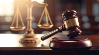A gavel and scales of justice on a wooden legal desk, symbolizing a courtroom setting.