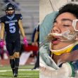 A split image showing a Texas football player in uniform on the left and the same teen recovering in a hospital with medical equipment on the right. A split image showing a Texas football player in uniform on the left and the same teen recovering in a hospital with medical equipment on the right.