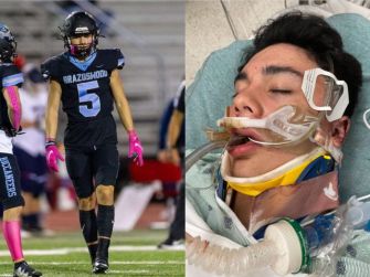 A split image showing a Texas football player in uniform on the left and the same teen recovering in a hospital with medical equipment on the right.