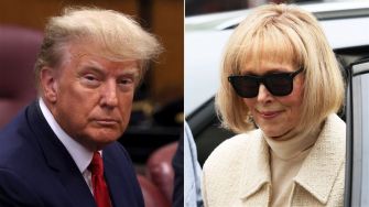 Split image of Donald Trump looking serious in a courtroom and E. Jean Carroll smiling while exiting a vehicle.