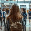 A student walking through a school hallway with other students in the background. A student walking through a school hallway with other students in the background.