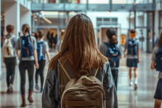 A student walking through a school hallway with other students in the background.
