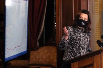 Michigan Governor Gretchen Whitmer speaking during a press conference about COVID-19 restrictions, with a graph displayed in the background showing data trends.