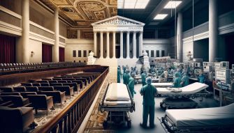 A surreal depiction of a courtroom blended with a hospital setting, illustrating the conflict between legal proceedings and medical care amidst the abortion debate.