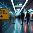 Sign indicating the "Official Custom Zone" at an airport, with blurred figures of people walking in the background. Sign indicating the "Official Custom Zone" at an airport, with blurred figures of people walking in the background.