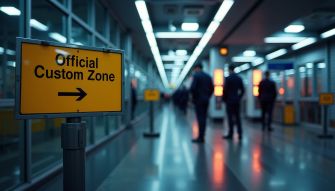 Sign indicating the "Official Custom Zone" at an airport, with blurred figures of people walking in the background.