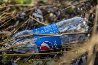 A plastic Pepsi bottle lying in a natural setting among branches and foliage.