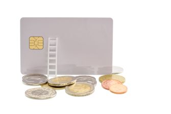 A graphic representation of a credit card with a ladder and coins, symbolizing financial schemes or fraud.