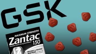 GSK logo alongside Zantac packaging and tablets against a colored background.