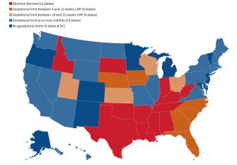 Map showing the status of abortion laws across the United States in January 2025, highlighting states with various restrictions and gestational limits.