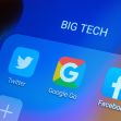 Logo icons of Twitter, Google, and Facebook on a smartphone screen, with the text "BIG TECH" above. Logo icons of Twitter, Google, and Facebook on a smartphone screen, with the text "BIG TECH" above.