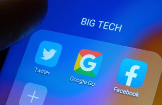 Logo icons of Twitter, Google, and Facebook on a smartphone screen, with the text "BIG TECH" above.
