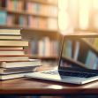 A stack of books next to a laptop on a desk in a library setting. A stack of books next to a laptop on a desk in a library setting.