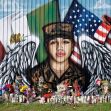 A mural depicting a soldier with wings, surrounded by flags and a memorial of flowers and candles. A mural depicting a soldier with wings, surrounded by flags and a memorial of flowers and candles.